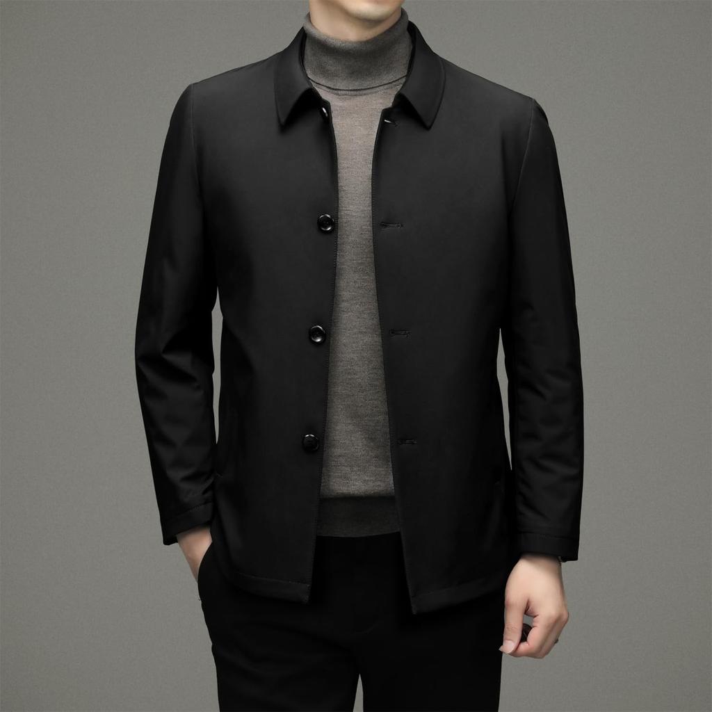 FJSSLHXK Collared Down Business Single Suitable for Senior Men's Jacket, Outerwear, Fold-Over Collar, Button, Men, Commuting, Autumn/Winter, Black,