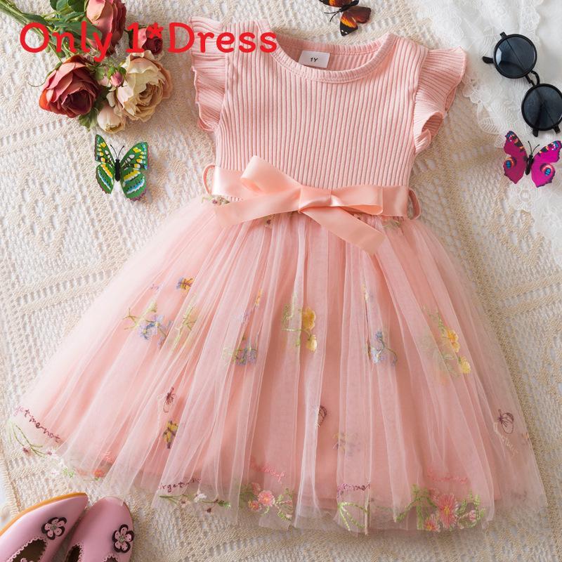 Summer Girl Flower Embroidered Mesh Dress With Bow For Toddler Girls