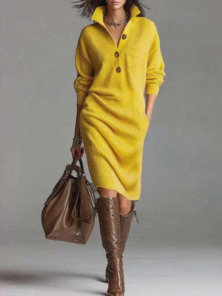 Autumn/Winter Women's Long Knitted Sweater Dress - Over-the-Knee, Loose Fit, Solid Color, Tall-Person Style