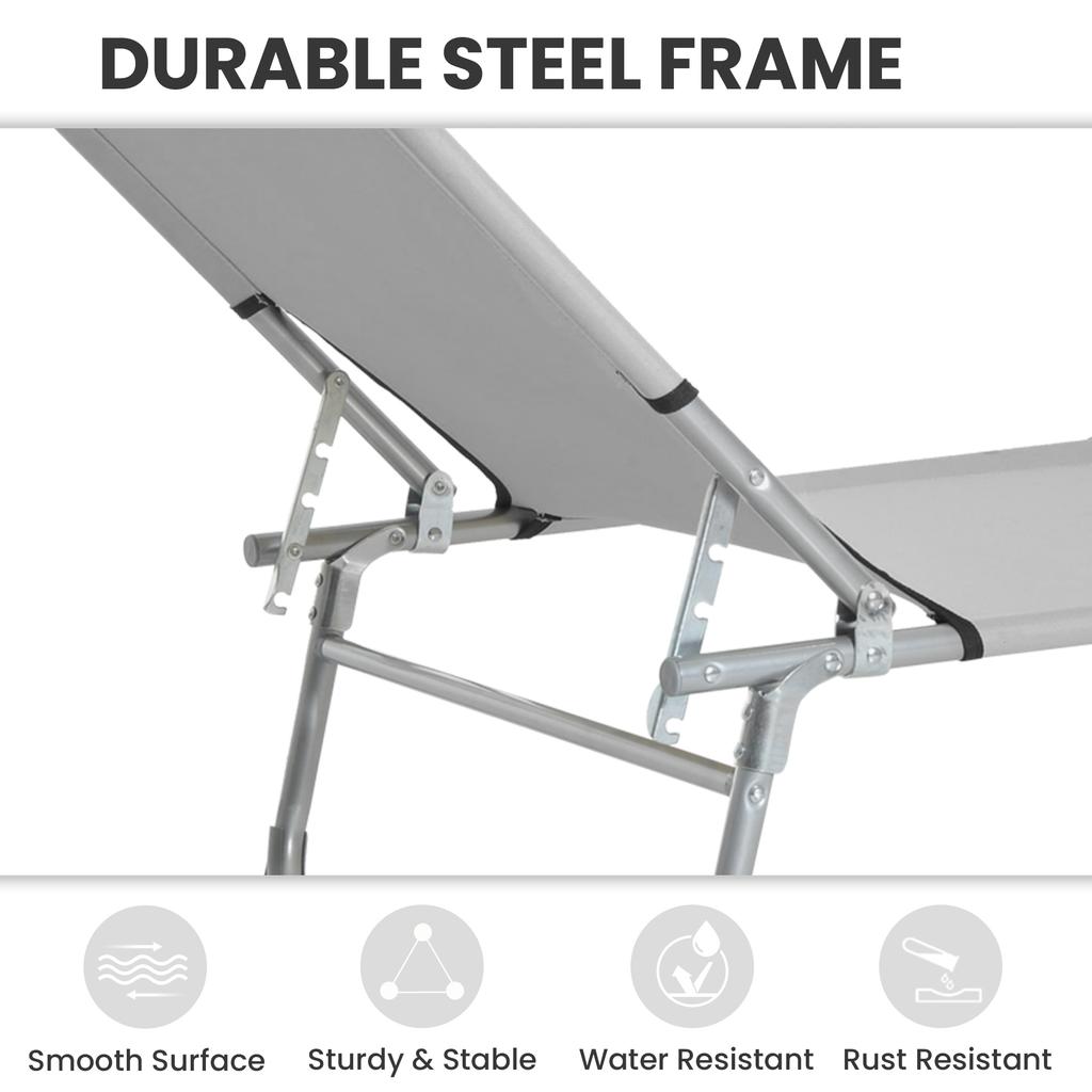 Reclining Sun Lounger Chair Folding Camping Bed with 4-Position Adjustable Backrest, Grey
