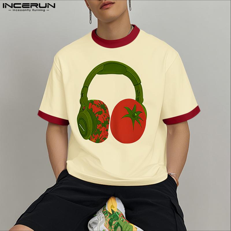 INCERUN Men Round Neck Short Sleeve 3D Print Stitching Casual Loose T-shirts