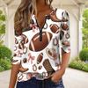 Women Plus Size Half Zip Round Neck Long Sleeve White Football Printed T Shirt