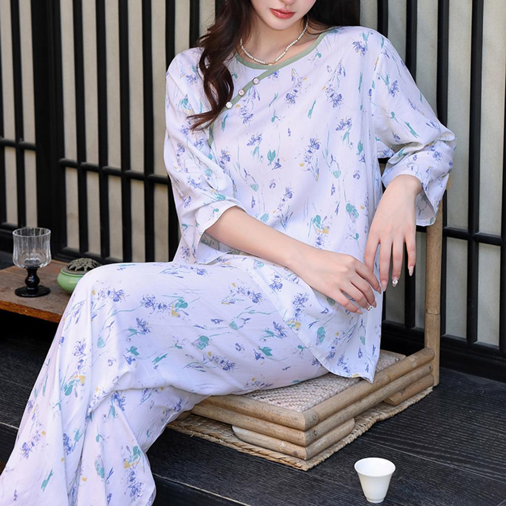 Pajamas women's spring and autumn silk new Chinese loungewear can be worn outside the national style middle-aged and elderly mother's cotton and silk