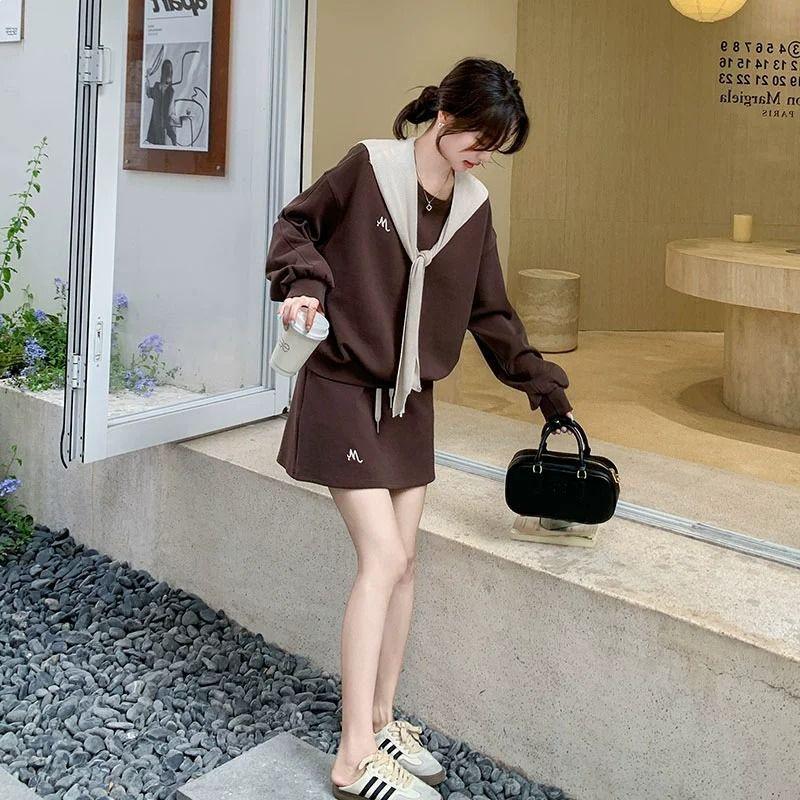 Versatile Shawl Hoodie Skirt Set for Women - Autumn 2026, Korean Style, Round Neck Top with Slimming Short Skirt