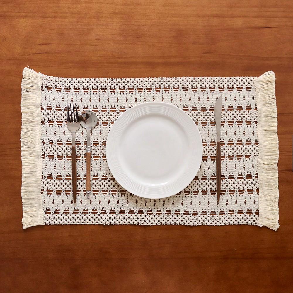 

Bohemian Style Hand-woven Tassel Placemats Set of 1/4/6 Beige Hollowed Double-Sided for Dining Table Desktop Decor 30x50cm 1pc