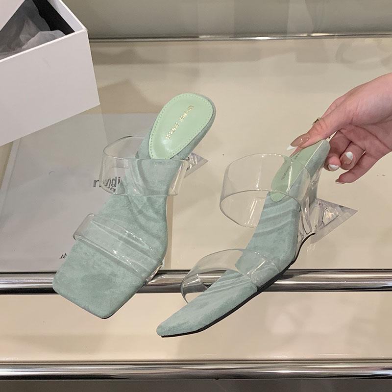 Fashion Fashion Transparent Heels Women Wedges Slippers Shoes Square Toe Ladies Heeled Sandals Slippers Shoes Female Slides Pumps