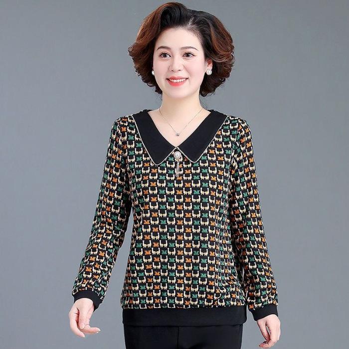 Mittelalte Mutter Frühlingskleid Puppenkragen Ausländischer Stil T-Shirt Kleine Bluse Mittelalte und ältere Frauen Locker Langärmelig Ausländischer Stil Oberteil