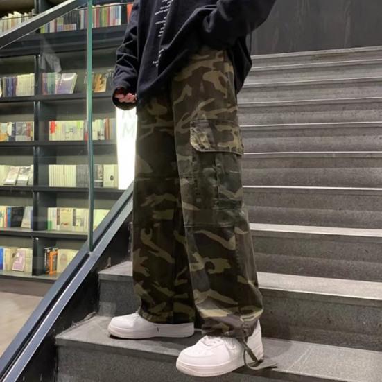 Men Baggy Pants Camouflage Multiple Pockets Elastic Waist Ankle Tied Streetwear Spring Autumn Hip Hop Loose Trouser for Sports