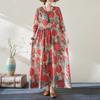 Johnature Print O-Neck Vintage Retro Dress Woman Spring Niche Long Sleeves Personality Loose Dress