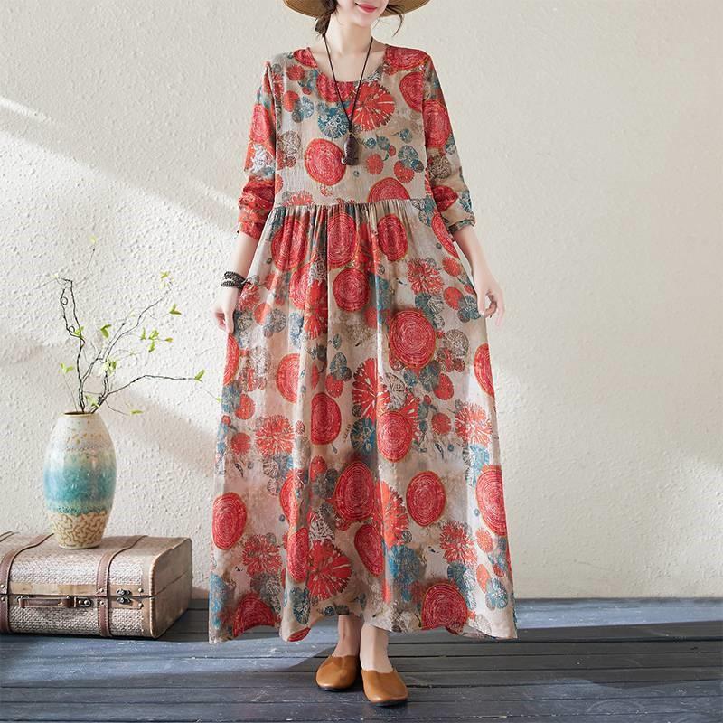 Johnature Print O-Neck Vintage Retro Dress Woman Spring Niche Long Sleeves Personality Loose Dress