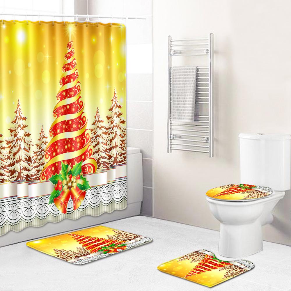 Christmas Shower Curtain Floor Mat Combination Four-Piece Set Bathroom Toilet Carpet Shower Room Mat Foot Mat