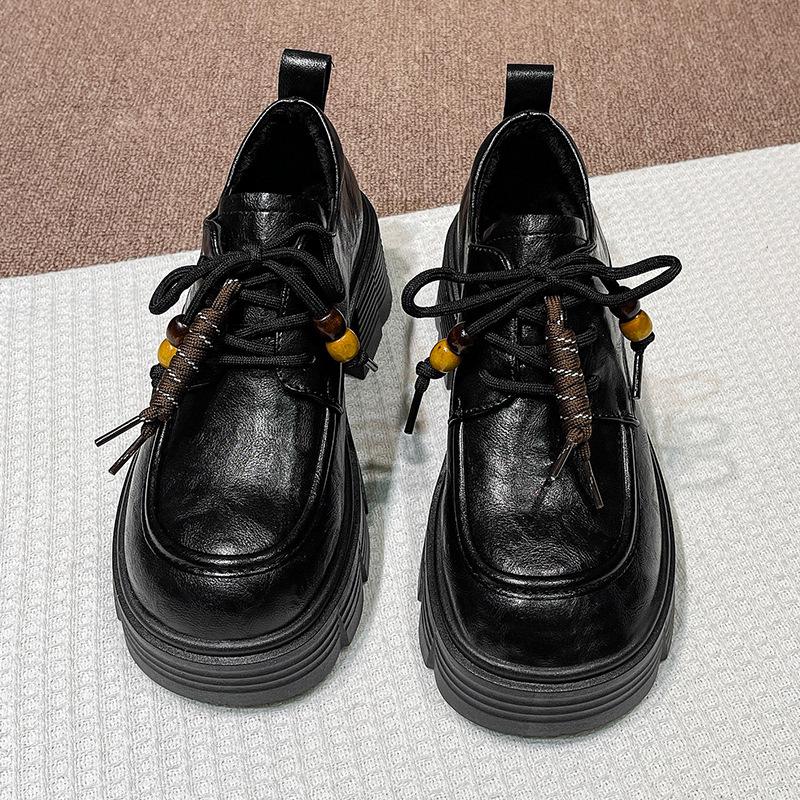 Women's leather shoes 2026 new autumn and winter thick heeled black small leather shoes versatile thick soled loafers for women
