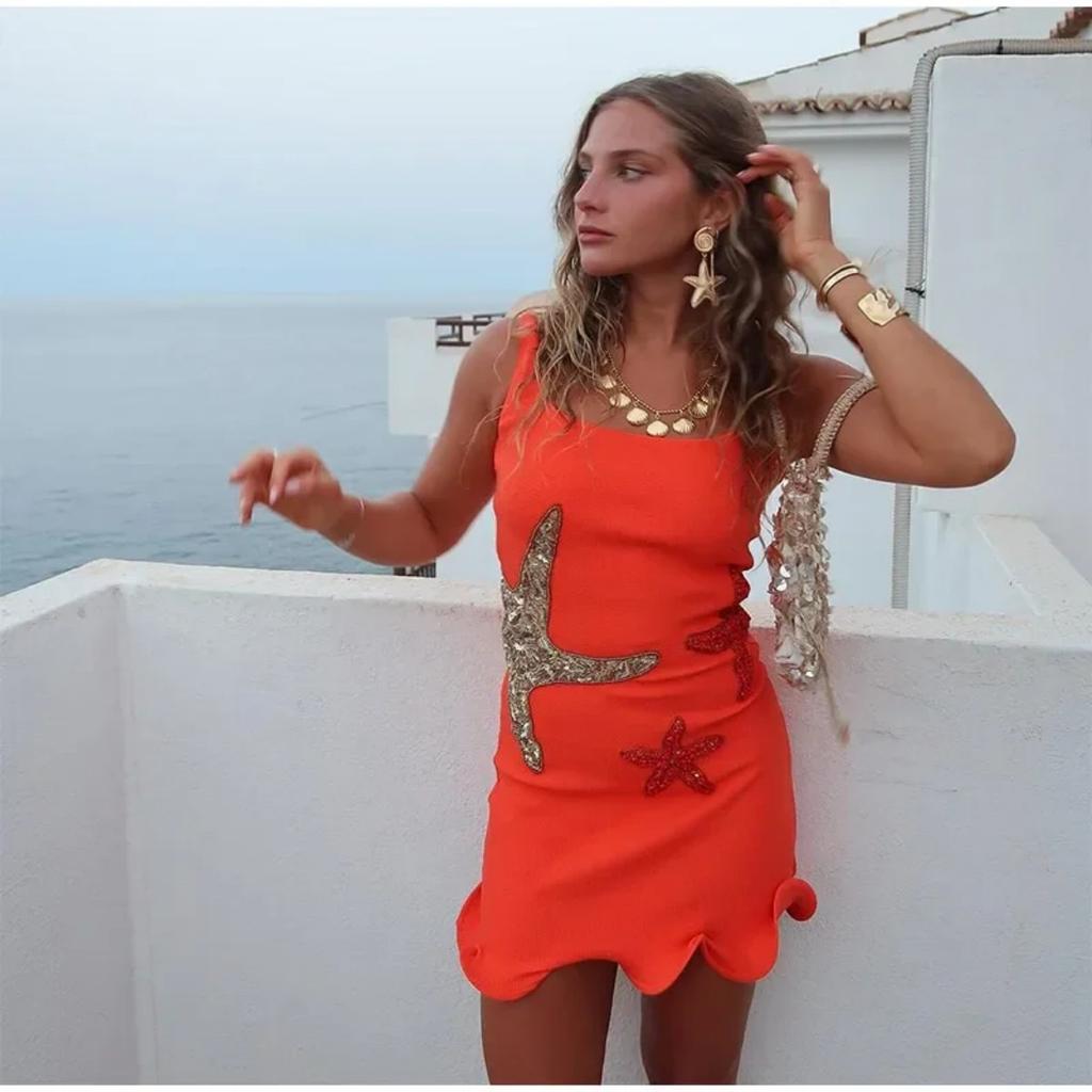 Mini rochie tricotată cu tiv cu stele, paiete elegante, rochii subțiri pentru femei cu talie înaltă, rochii de plajă pentru femei