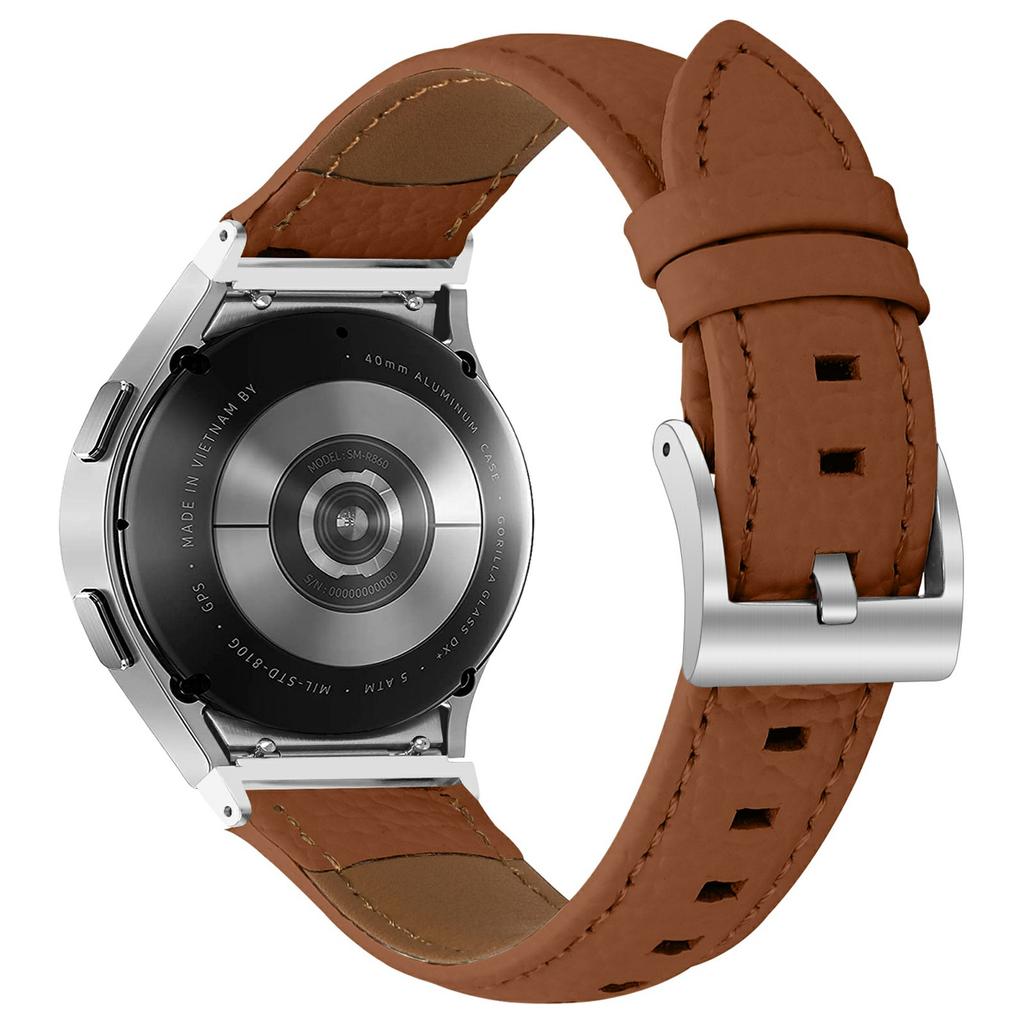 Genuine Cow Leather Strap with Connector for Samsung Galaxy Watch FE 40mm/Watch7/Watch6/Watch 5/Watch4 Litchi Texture Silver Buckle Watch Band