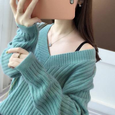 Herbst und Winter Damen Pullover V-Ausschnitt Bottoming Shirt Loose Lazy Wind Pit Stripes Langarm Pullover Strickpullover
