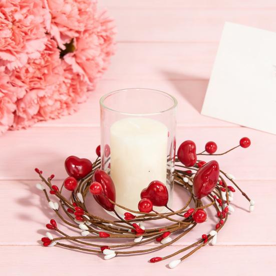 Love Heart Berry Candle Ring Artificial Red Berry Wreath Candle Holder Garland Valentine's Day