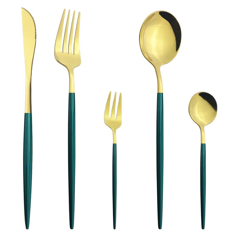 5Pcs White Gold Dinnerware Cutlery Set Knife Dessert Fork Coffee Spoon Tableware Stainless Steel Dinner Flatware Silverware Set