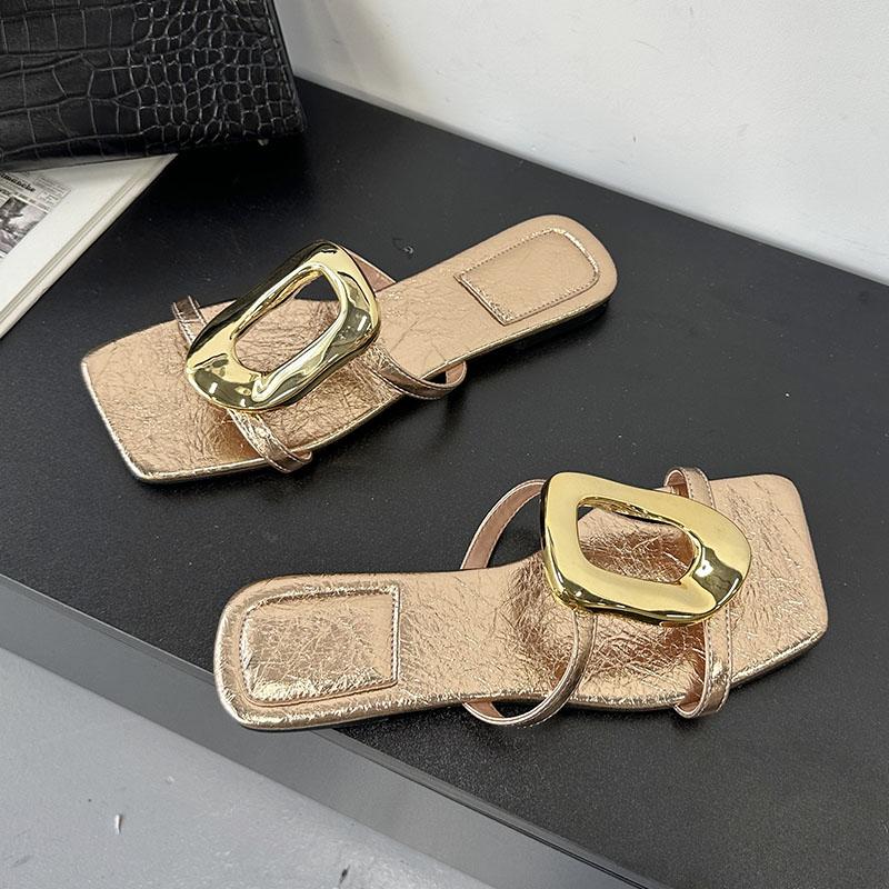 Fashion Summer Beach Female Slides Slippers Sandals Shoes For Women Flip Flops Fashion Metal Ladies Flats Slippers Shoes Big Size 43