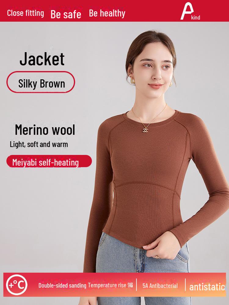 Damen Herbst/Winter Slim Fit Langarm Woll-Plus-Samt-Oberteil mit Rundhalsausschnitt