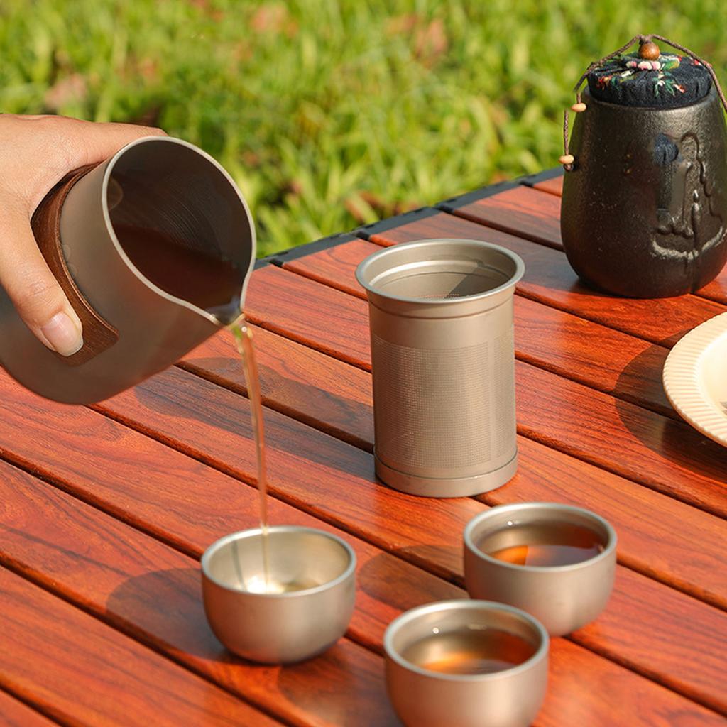 Travel Teapot Set Ti Alloy Portable Small Tea Pot with Removable Infuser 3 Cups and Storage Bag for Outdoor Picnic Camping
