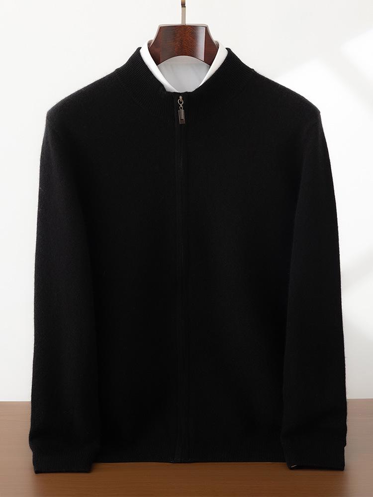 Men's Cashmere Zipper Knit Cardigan - Half-High Collar, Solid Color, Long Sleeve, Versatile Autumn/Winter Sweater.