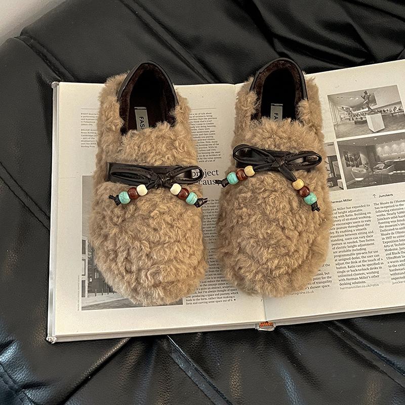 Fashion retro style beaded bow splicing Mao Mao single shoes women's winter 2025 new temperament outer wear cotton shoes