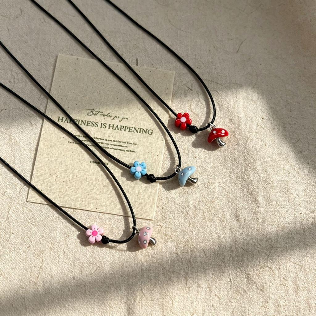 Children's 3D Cartoon Mushroom Flower Black Necklace - Cute & Colorful Clavicle Chain