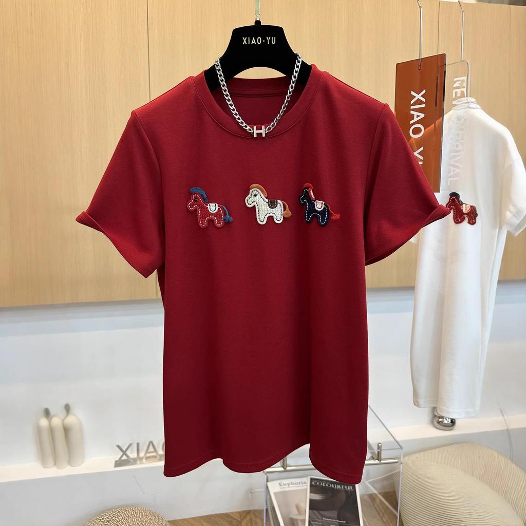 2026 Spring/Summer Women's Cartoon Embroidered Short Sleeve T-shirt - Stylish, Youthful Look
