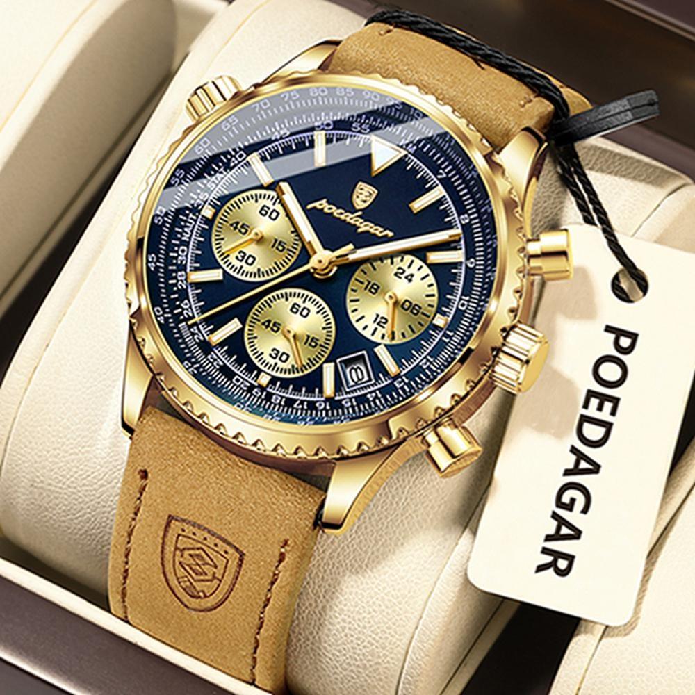 POEDAGAR Military Luxury Men Watch Date Chronograph Waterproof Luminous Top Man Wristwatch Leather Men's Quartz Watches