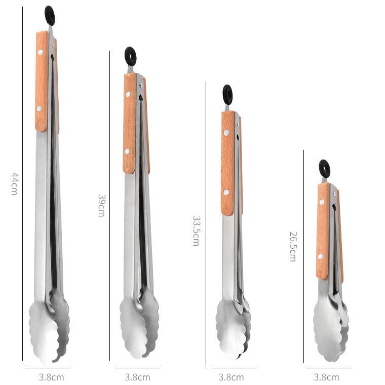 Beechwood-Handled Stainless Steel Food Tongs for Grilling and Serving Steak, Bread, and Cooked Meats.