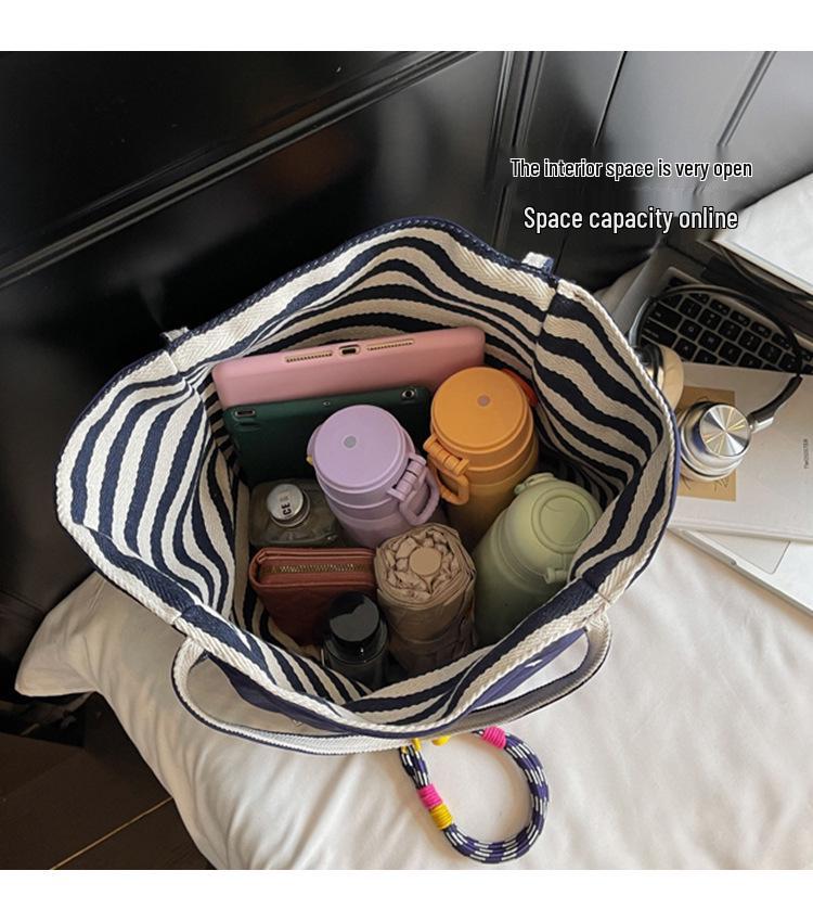 Women's Nylon Cartoon Puppy Embroidery Single Shoulder Tote Bag with Pendant, Striped Double-Sided Design