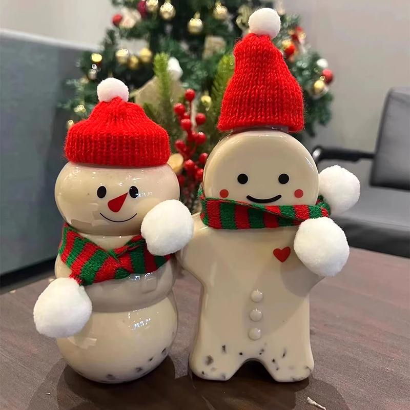 Diy Christmas Snowman Milk Tea Bottle Bear Plastic Drinking Cup Christmas Tree Transparent Coffee Milk Tea Bottle Sealed Cup Set