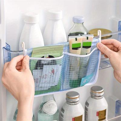 Refrigerator Storage Mesh Bag Double Compartment Hanging Pouch Kitchen Organizer Pockets with Hook Washable Fridge Net Bag