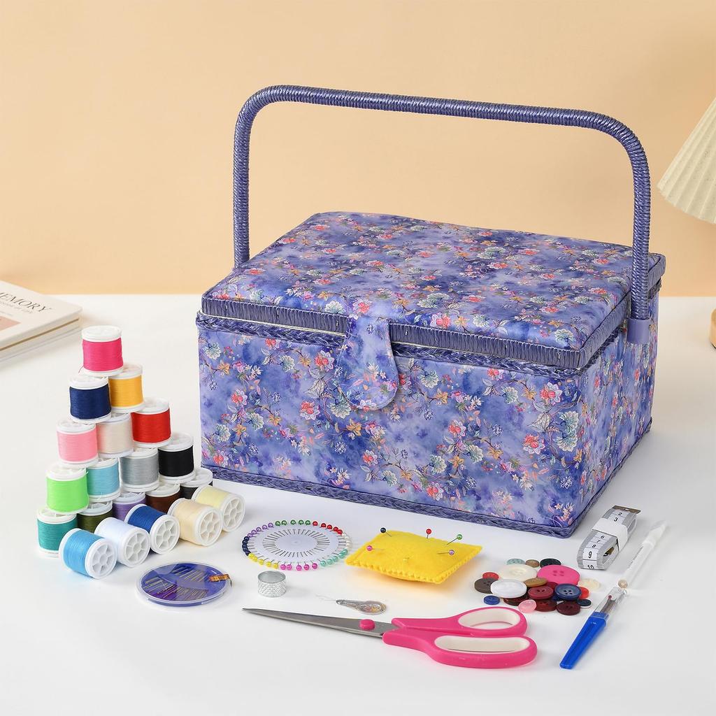 D&D Sewing Box, Sewing Kit, Large Capacity, Double Layer Storage, Sewing Accessory Storage Box 24*17.5*13cm (Large - Blue)