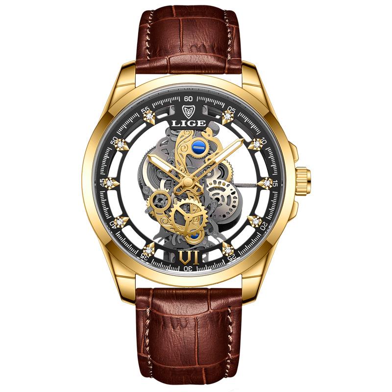 LIGE Men's Skeleton Quartz Watch: Transparent, New Concept, Business, Waterproof.