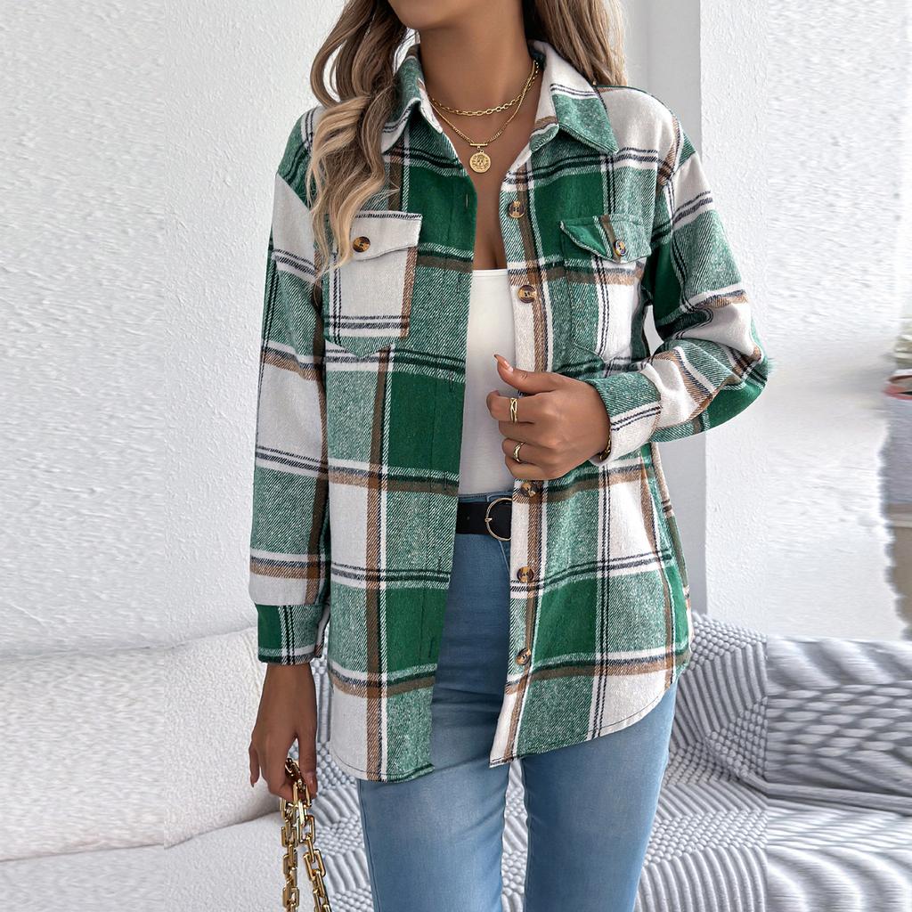 Women's Casual Plaid Fake Pocket Long-sleeved Woolen Mid-length Coat