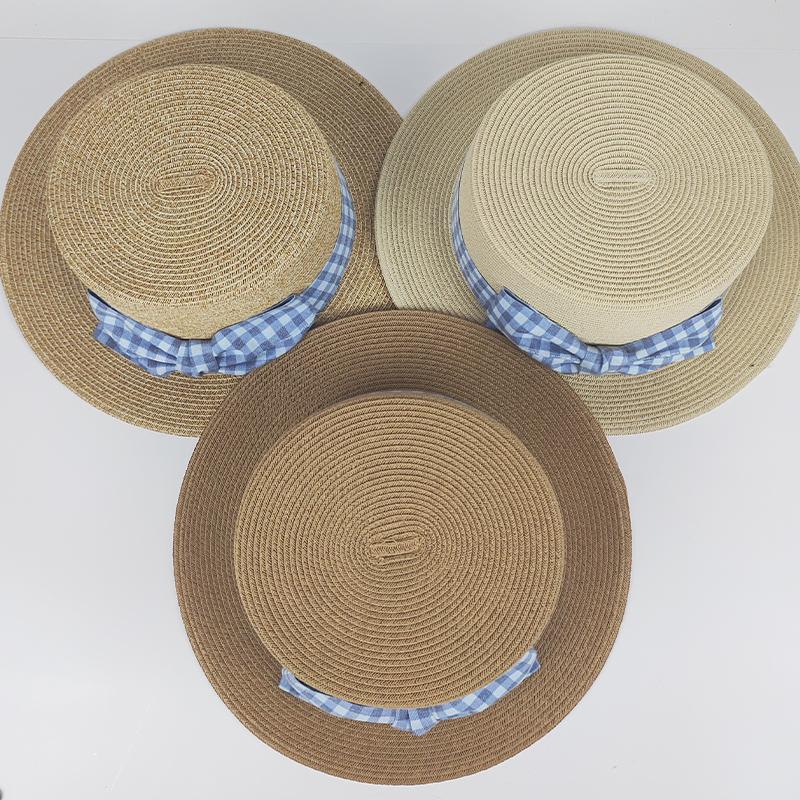 Small Fresh and Sweet Plaid Bow Straw Hat Children Summer Travel Sunshade Sunscreen Literary Top Hat Tide
