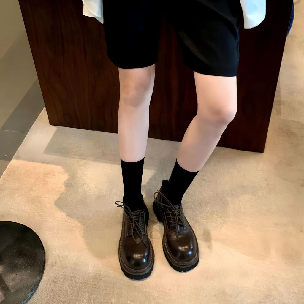 Sheepskin~ platform muffin loafers women's leather retro thick heel lace-up jk single shoes British college style small leather shoes