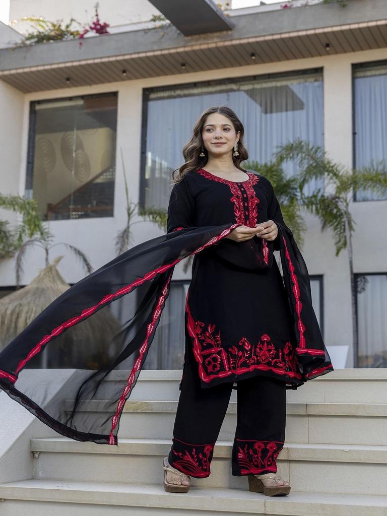 Black Embroidered Kurta Set for Women Ethnic Suit with Dupatta Party Wear