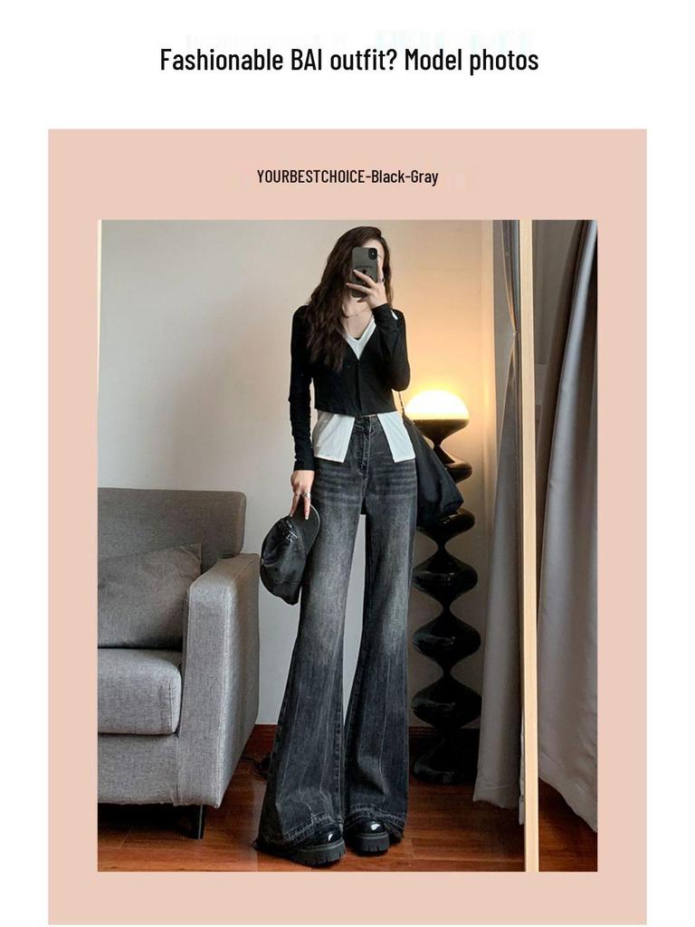 Women's Black Frayed Micro Flare Bell Bottom Jeans - High Waist, Wide Leg, Floor Length for Spring/Autumn