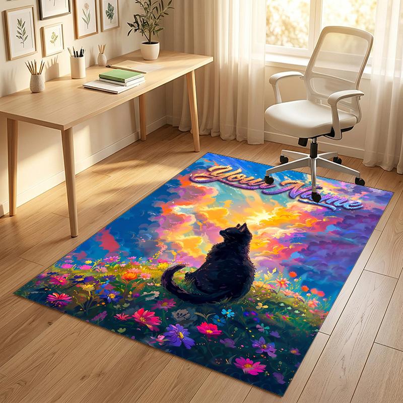 Cat Theme Crystal Velvet Rug Personalized Custom Name Text Soft Floor Mat Home Decor
