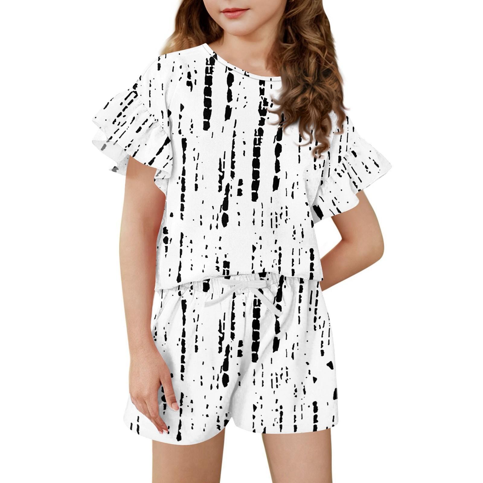 

Летний наряд для девочек Топ с рукавами-рюшами и шорты Комплект одежды Легкий Повседневный Двойка 170 белый