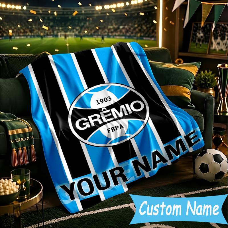 Custom Name Gremio Football Club Emblem Flannel Blanket, Use for Birthday/Holiday Gift, Soft Blanket for Sofa/Bed/Camping/Office, Home Decor