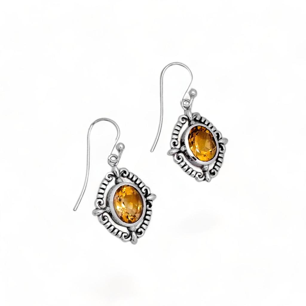 Handmade 925 Sterling Silver Citrine Drop Earrings – Natural Yellow Gemstone Ornate Vintage Dangle Jewelry for Women