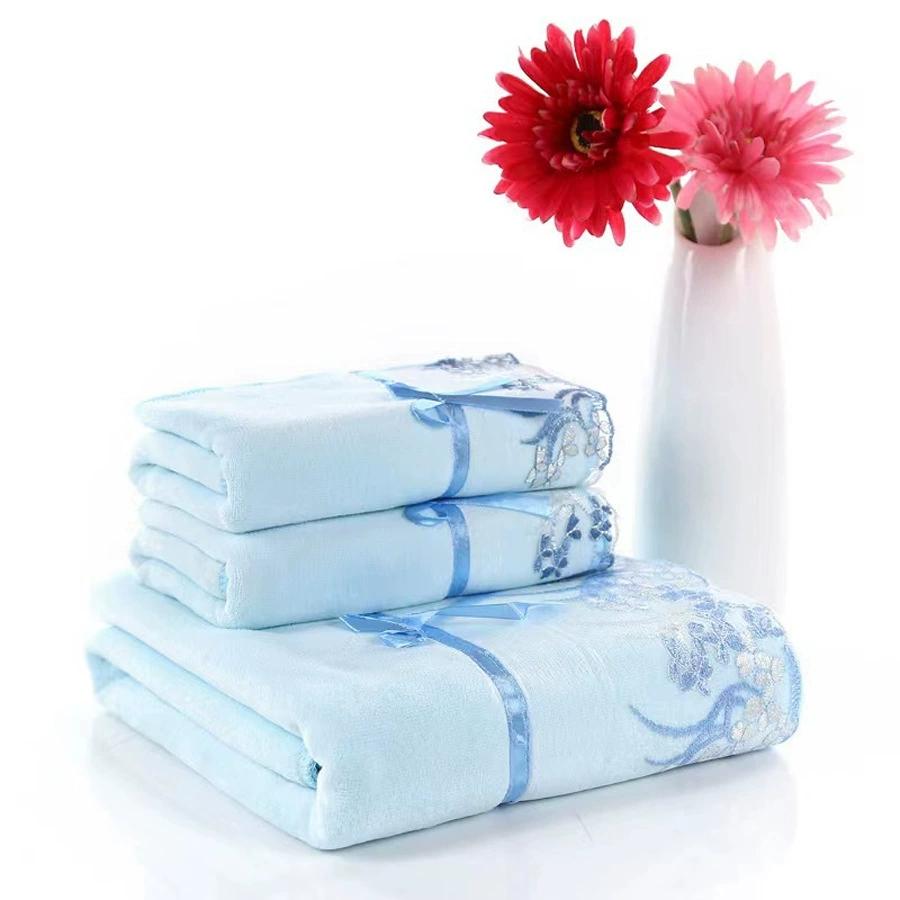 Plain Color Lace-Trimmed 3-Piece Set – Soft & Absorbent Embroidered Gift Towel & Bath Towel Collection