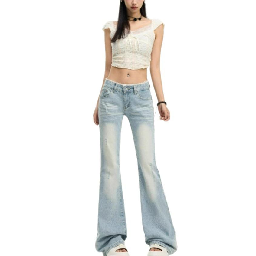 Lace Big Yards Light Blue Micro Flare Jeans Female Lace Low Waist Not Sticky Legs Skinny Straight Trousers Jeans for Women Long Denim Pants