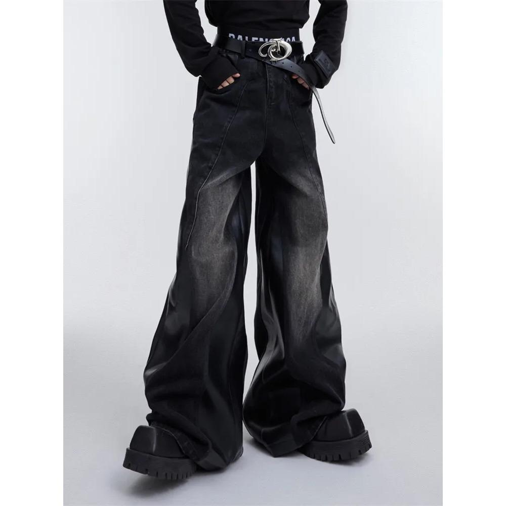 ZYLLO Y2K Streetwear Red Pu Leather Patchwork Baggy Jeans Pants For Men Designer Clothes Wide Leg Loose Denim Trousers