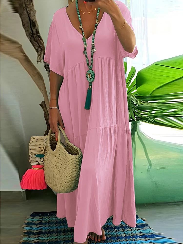 V-Neck Multicolor Irregular Maxi Swing Dress