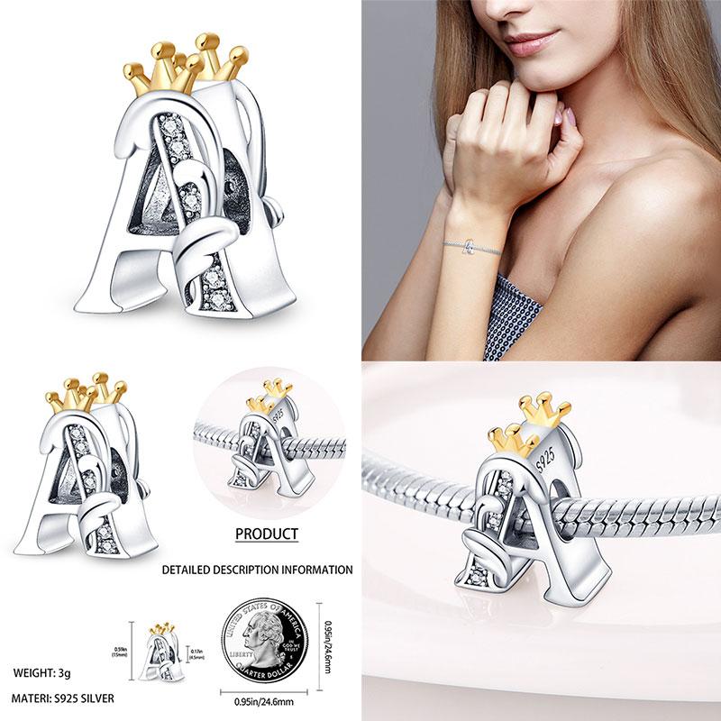 Crown Gold 100% 925 Silver 26 Letters Beads Fit 925 Original Bracelet DIY Jewelry Making Women Gift