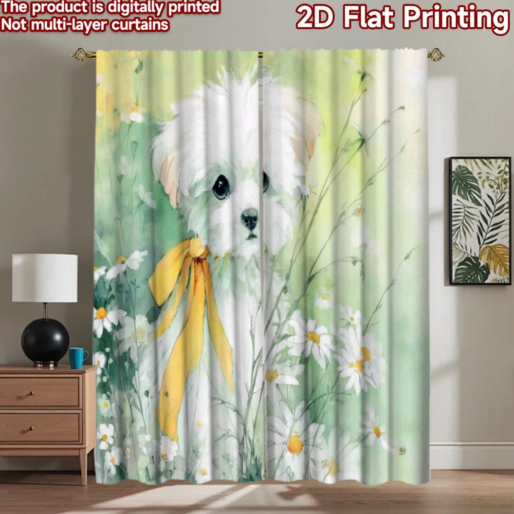 2D platt tryck 2 st Gardiner Söt Vit Hund Gul Rosett Prästkragar Digitalt Tryckta Polyestergardiner Festlig Väggdekor Använd för